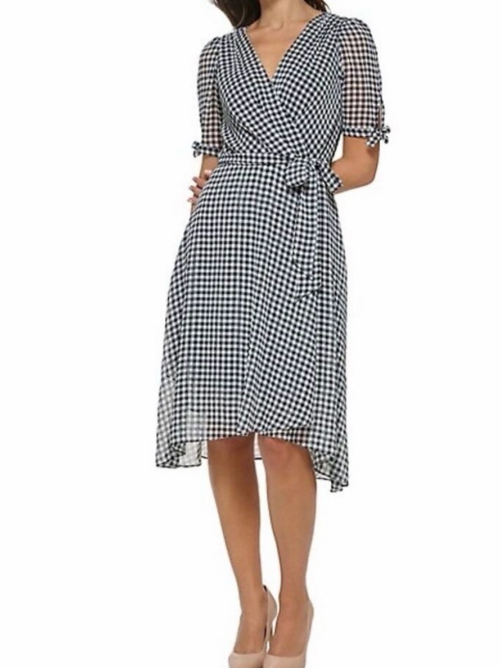 Tommy Hilfiger Blue & White Gingham Wrap Midi Dress with Tie Waist